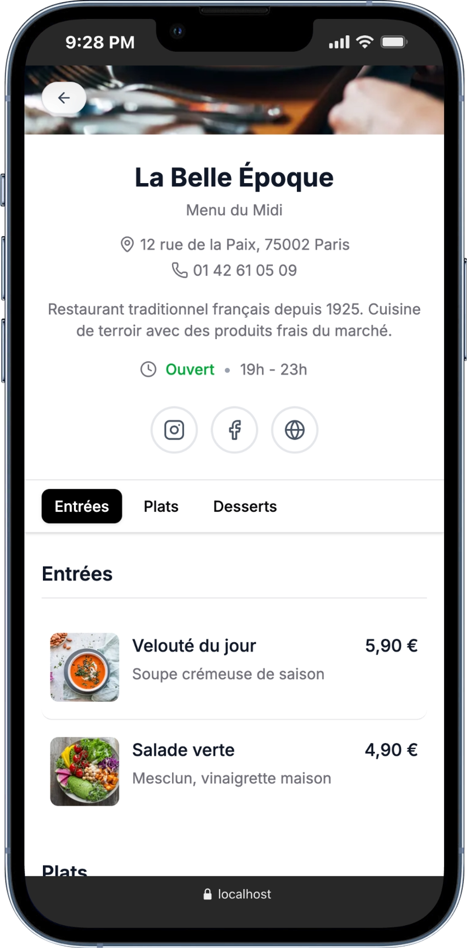Aperçu du menu digital La Belle Époque